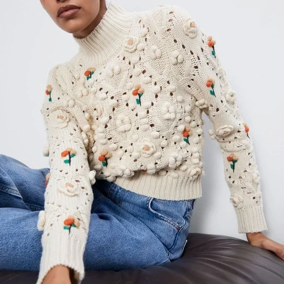 Zara Crochet Knit with Floral Appliqués Sweater - Picture 1 of 8
